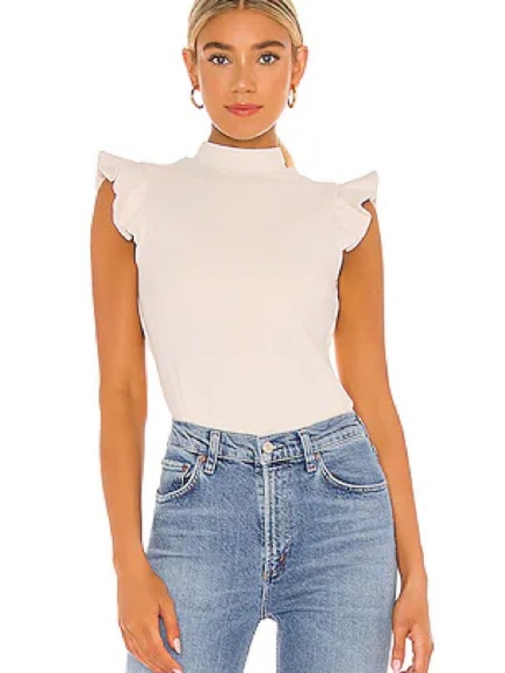 NWT Susana Monaco‎ Blanched Almond Ruffle Mock Neck Flutter Sleeve Top, Size M